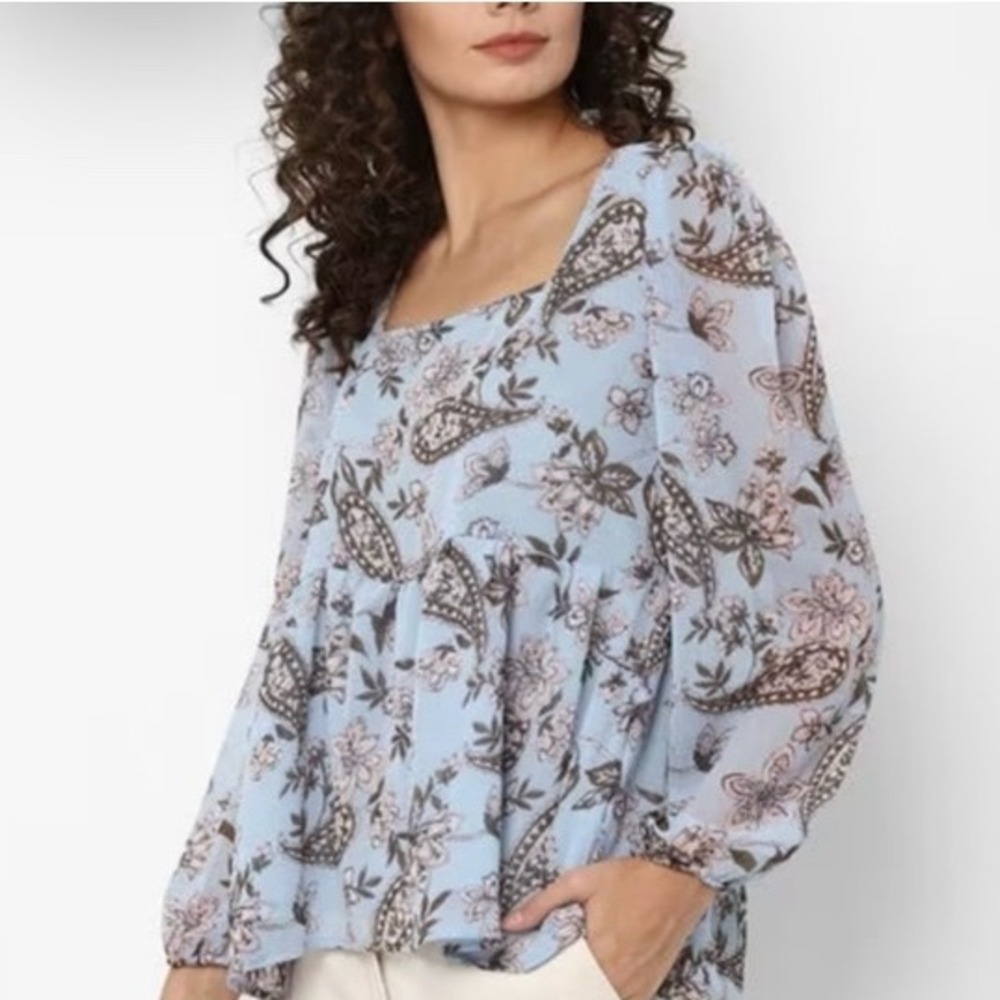 American Eagle Outfitters Babydoll Peasant‎ Top Blue Floral Print Boho Indie